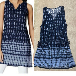 Pure Jill Dress Women’s XL Blue White Tie Dye Linen Blend Tunic Top V-Neck